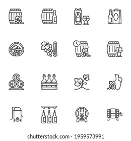 Wine making line icons set, outline vector symbol collection, linear style pictogram pack. Signs, logo illustration. Set includes icons as vineyard plant, wine barrel, glass bottle, harvest