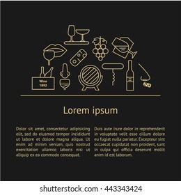 Wine making process banner on dark background with place for text. Modern outline style. Can be used for wine shop, wine company and club, for typographic purpose