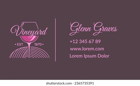 Wine making or production of tasty and organic alcoholic beverages from ripe natural vineyards. Business or visiting card with personal information and contact address, number. Vector in flat style