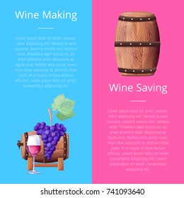 Wine making and saving manual with grape bunch, wooden barrel and glass. Vector illustration with instructions on how to make and save alcoholic beverage