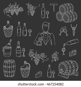 Wine and wine making set  with  bottles, glasses,  grapes, sommelier,  cheese, champagne,  barrels and  cellar isolated on chalkboard background.  Vector illustrations,  sketch style.