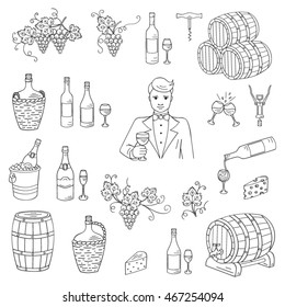 Vino y vino que hace el sistema con las botellas, los vasos, las uvas, el sommelier, el queso, el champán, los barriles y la bodega aislados en fondo blanco.  Ilustraciones vectoriales, estilo de boceto.