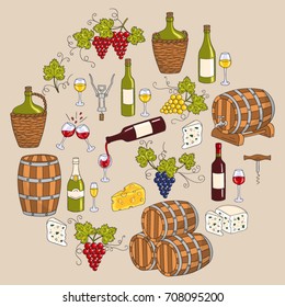 Wine and wine making set with wine bottles, glasses,  grapes, cheese, champagne,  barrels and cellar isolated. Vector illustrations, sketch style.