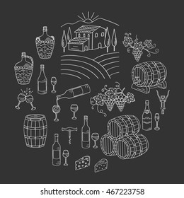 Wine and wine making set with vineyard, bottles, glasses,  grapes, barrels and cellar, isolated on chalkboard background. Vector illustration,  sketch style.