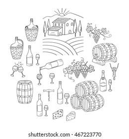 Wine and wine making set with vineyard, bottles, glasses,  grapes, barrels and cellar, isolated on white background. Vector illustration,  sketch style.