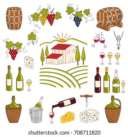 Wine and wine making set with vineyard,red and white wine bottles, glasses, grapes,cheese,  barrels and cellar, isolated on white background. Hand drawn vector illustration.