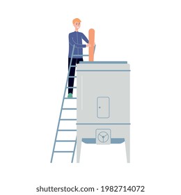 Salto de elaboración de vino - uvas a presión. Producción tradicional de bebidas alcohólicas naturales en bodegas con equipo de vinificación. Ilustración vectorial de caricatura plana aislada en blanco.
