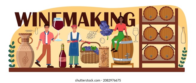 Wine making typographic header. Grape wine aging in a wood barrel. Wine factory production. Manual grape harvesting, pressing, fermantation and bottling. Flat vector illustration