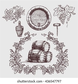 Wine and wine making vintage set. Wine template design. Vector illustration. Sketch style design. Red wine, white wine. Hand drawn grapes.