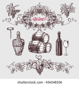 Wine and wine making vintage set. Vector illustration. Sketch style design. Wine barrel, bottle, grape wreath.