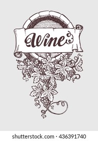 Wine and wine making vintage vector barrel with grapes decoration. Vector illustration. Handdrawn sketch style.