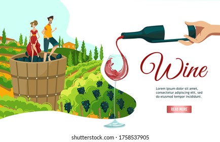 Wine making web banner vector illustration. Wine makers peasants harvesting on vineyard, crushing and pressing grapes in wooden barrel on vineyard landscape. Winery alcohol production, agriculture.