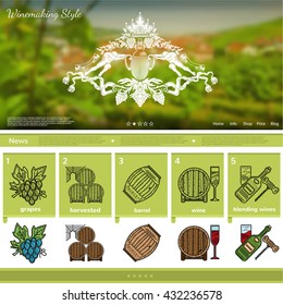 Wine making website page template on grapes region blurred background