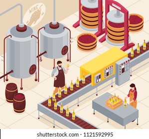 Fabricación de vino con presión de transportador de embotellado de uva y envejecimiento de la bebida en barriles ilustraciones vectoriales isométricas