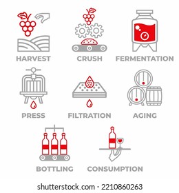 Wine manufacturing process. Wine production process stages. Factory-producing wine flat illustration.