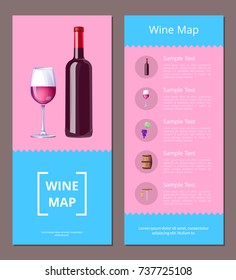 Wine map alcoholic menu with icon of red wine bottle and filled shiny glass. Vector illustration with menu variant for glamorous restaurant