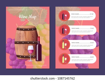 Wine map cover and price list with wooden barrel and sealed bottle. Glass of delicious red vino and bunches of grapes behind vector illustration