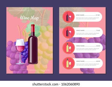 Wine map with full bottle on cover and price list. Delicious low alcohol drink menu. Bottle of red wine and clusters of grapes vector illustration.