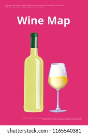 Wine map poster with white wine bottle and glass of crystal dining vine isolated on red background. Elite classic alcoholic drink vector poster design