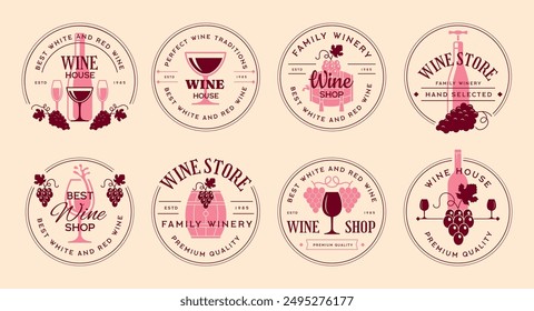 Wine market. Alcohol badges with wine bottles and grape stylized pictures and place for personal text recent vector templates