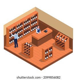 Wine market interior with wooden shelves seller and customer choosing bottle isometric composition 3d vector illustration