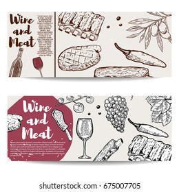 Plantilla de banner de vino y carne. Carne a la parrilla, costillas, aceitunas, vino, uva. Elementos de diseño para menú, volante, afiche. Ilustración del vector