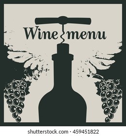 Wine menu with a bottle with a corkscrew, grapes and wings