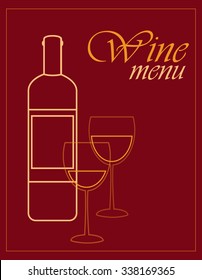 Wine menu bottle and glasses line drawings vector. Linear design.
