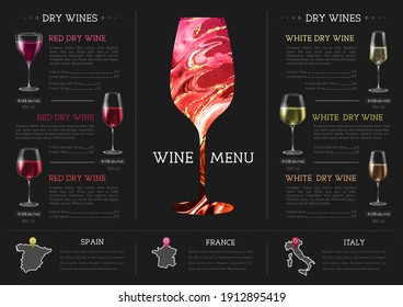 Wine menu design with alcohol ink texture. Marble texture background