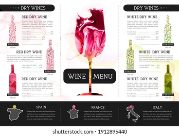 Wine Menu Design With Alcohol Ink Texture. Marble Texture Background