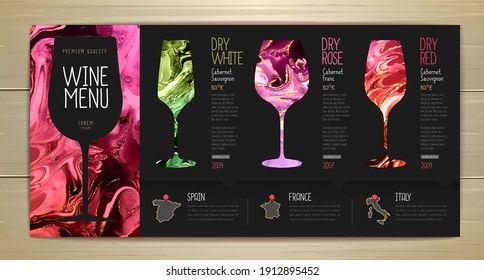 Wine menu design with alcohol ink texture. Marble texture background. Set of wine glasses