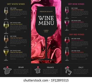 Wine menu design with alcohol ink texture. Marble texture background