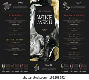 Wine Menu Design With Alcohol Ink Texture. Marble Texture Background