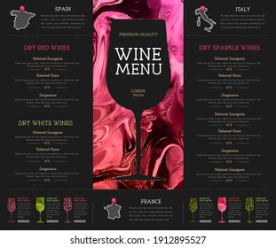 Wine Menu Design With Alcohol Ink Texture. Marble Texture Background