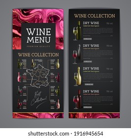 Wine menu design with alcohol ink texture. Wine map. French wine list. Marble texture background.