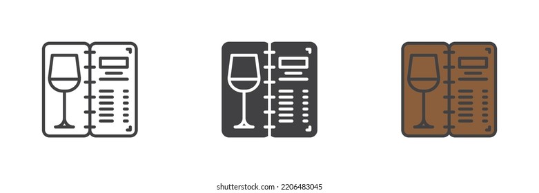 Weinmenü mit verschiedenen Stilsymbolen. Linie, Glyph und gefüllte Umrisslinie bunter Version, alkoholische Getränke Menü Umriss und ausgefülltes Vektorzeichen. Symbol, Logo-Abbildung. Vektorgrafik