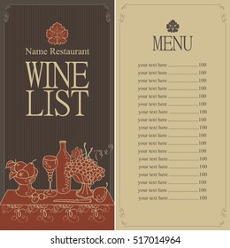 wine menu list with a still life with a glass of wine and a bowl of grapes