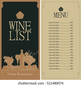 wine menu list with a still life with a glass of wine and a bowl of grapes