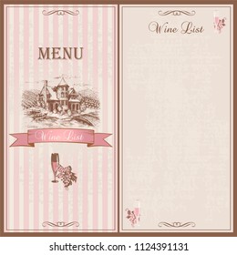 Wine menu. Wine list. Template design for restaurants. Sketch of the castle with grape fields. Grapes and a glass of wine. Stylish vintage design. Vector.
