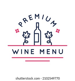 Logo del menú del vino, icono. Botella de vino con hojas de uva diseñadas para viñedos, bodegas, bodegas y tiendas. Ilustración del vector