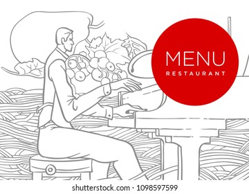 wine menu. pianist vector. wine fruit crop. pasta