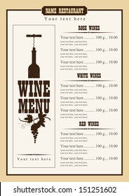 wine menu with a price list of different wines