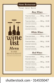 wine menu with a price list of different wines
