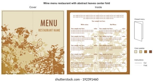 Wine menu restaurant with abstract leaves center fold