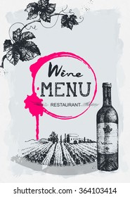 Wine menu restaurant brochure. Wine design template. Drawing hand image, vector illustration.