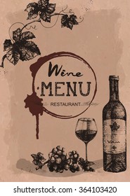 Wine menu restaurant brochure. Wine design template. Drawing hand image, vector illustration.