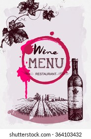 Wine menu restaurant brochure. Wine design template. Drawing hand image, vector illustration.