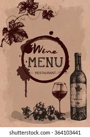 Wine menu restaurant brochure. Wine design template. Drawing hand image, vector illustration.