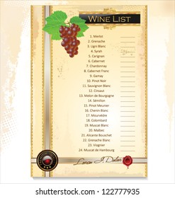 Wine menu template with a price list