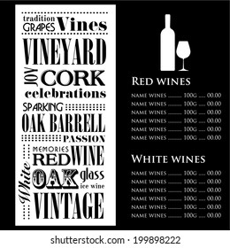 Wine menu themed seamless repeating word pattern in black - Illustration 